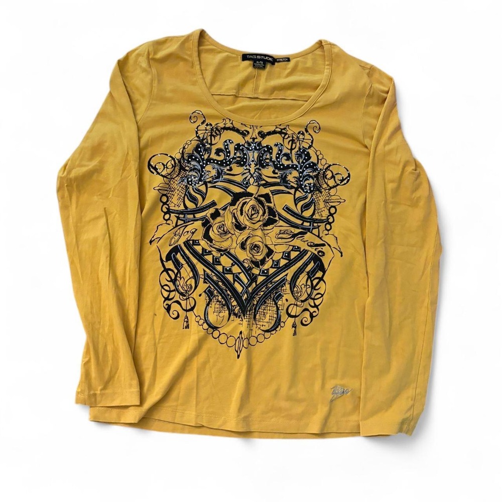 Tag Studio Mustard Yellow Y2K Rose Graphic Long Sleeve Top Womens XL 1X